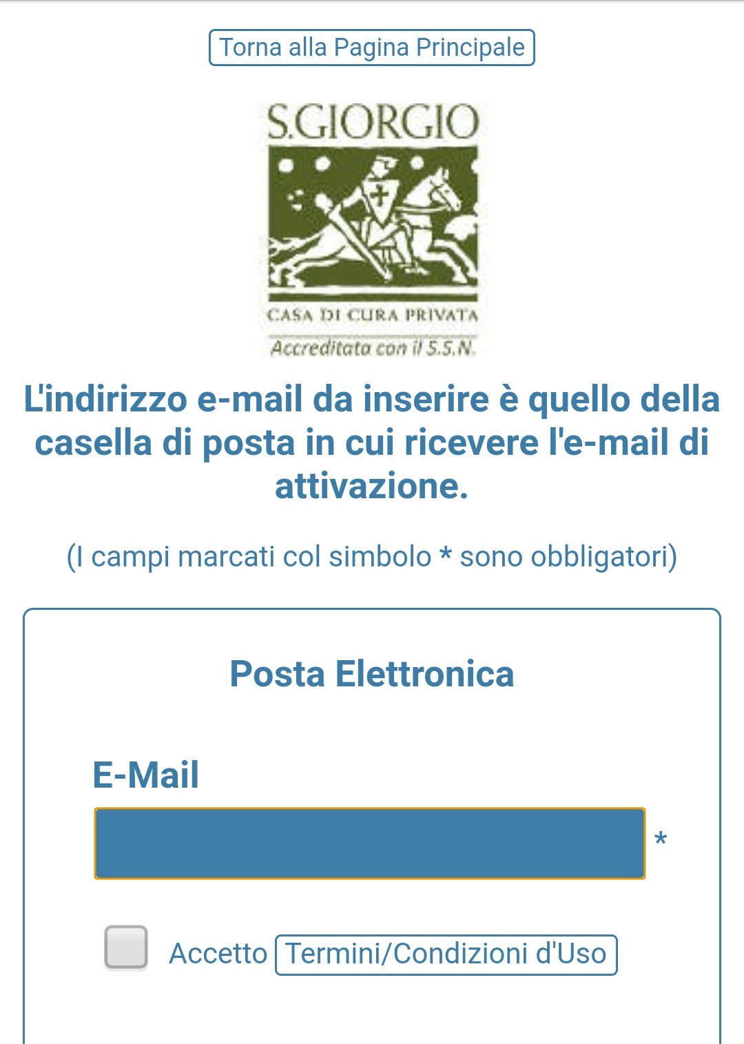 Modulo di registrazione tramite e-mail