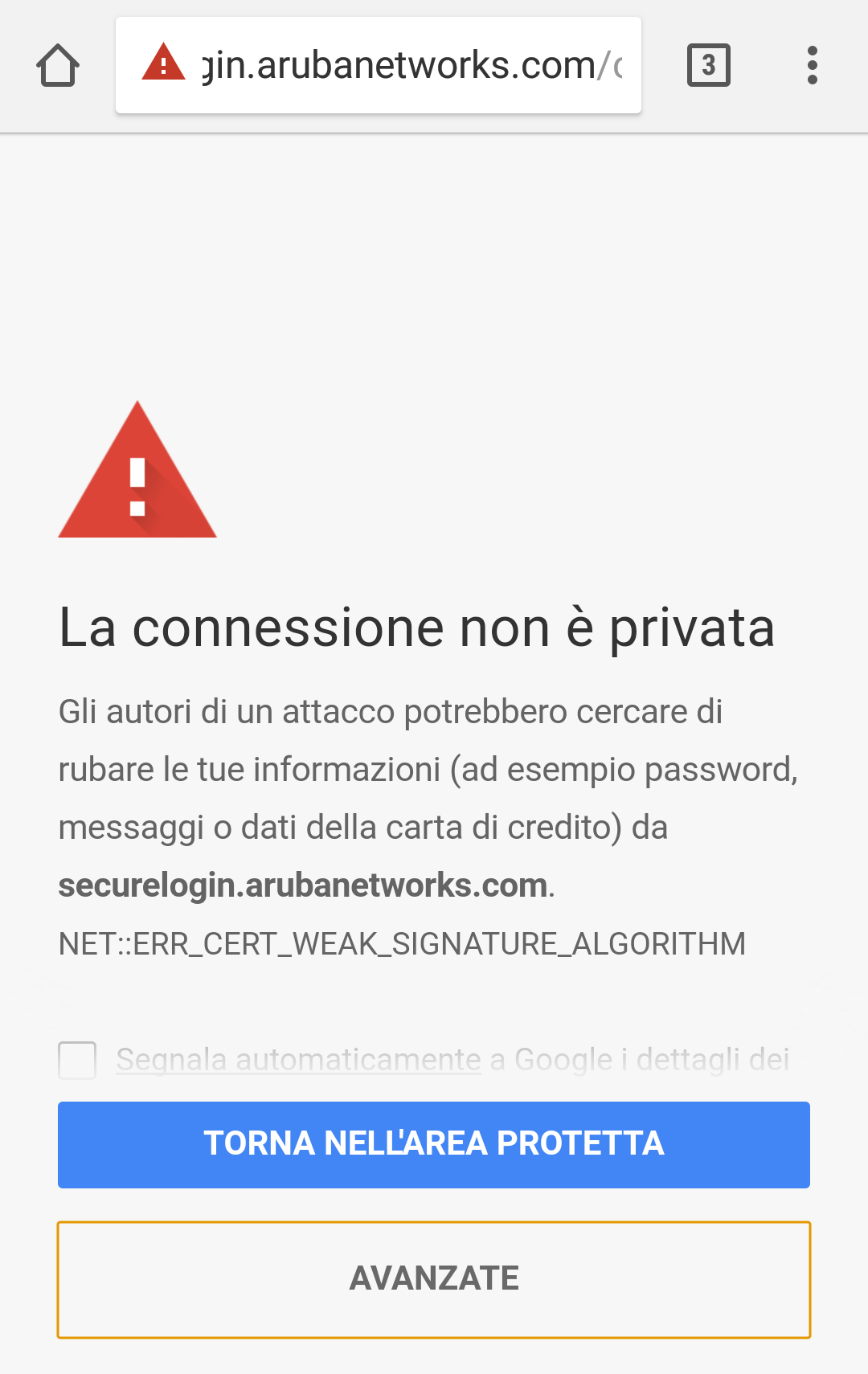 Avviso di sicurezza con il pulsante Avanzate