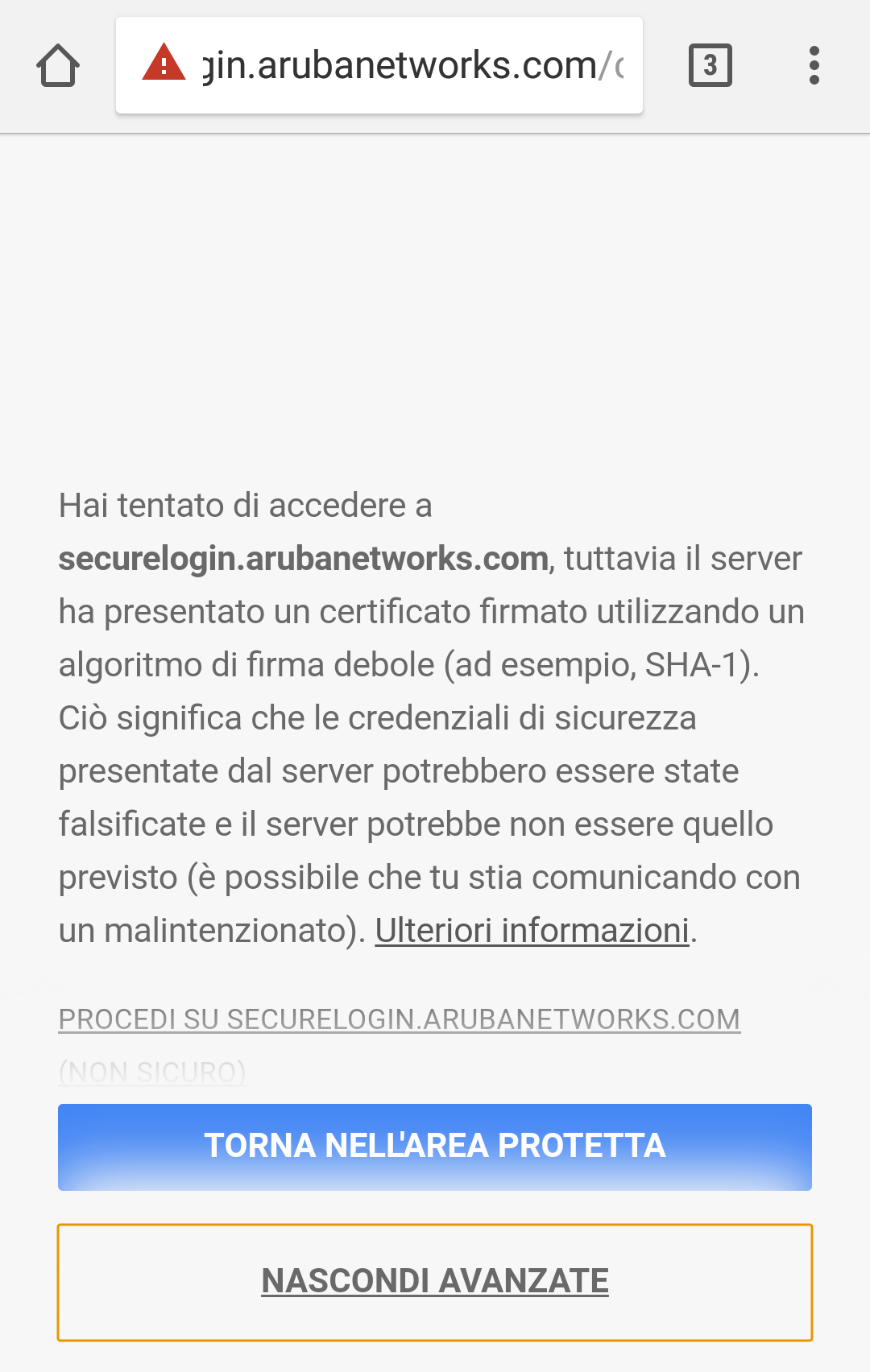Avviso di sicurezza con il collegamento per procedere